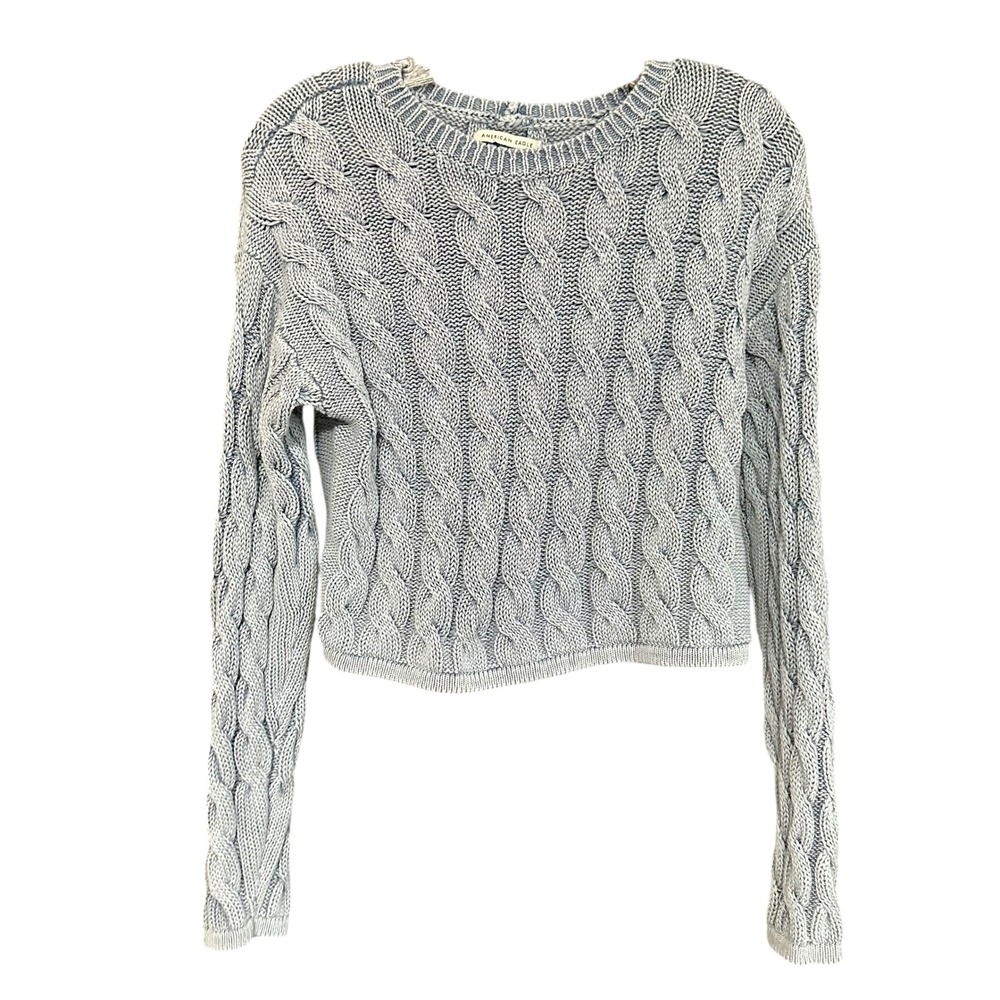 American Eagle Outfitters Cable Knit Cropped Sweater Light Blue XS Oversized